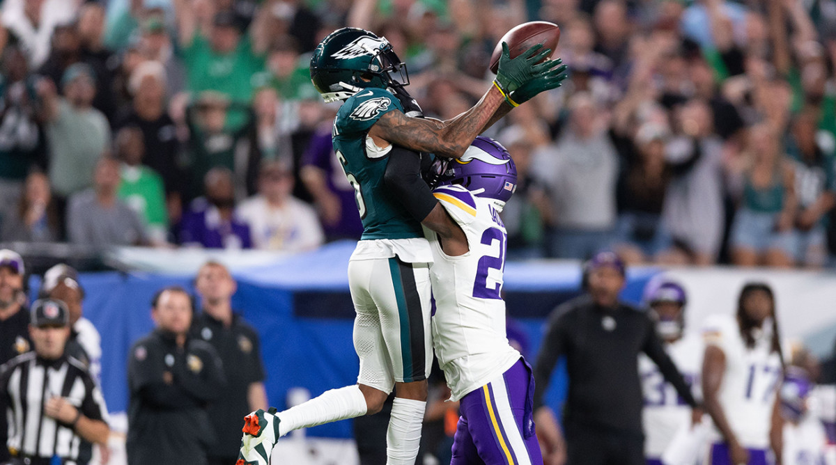Eagles receiver DeVonta Smith had four catches for 131 yards and a score against the Vikings in Week 2 on Thursday night.
